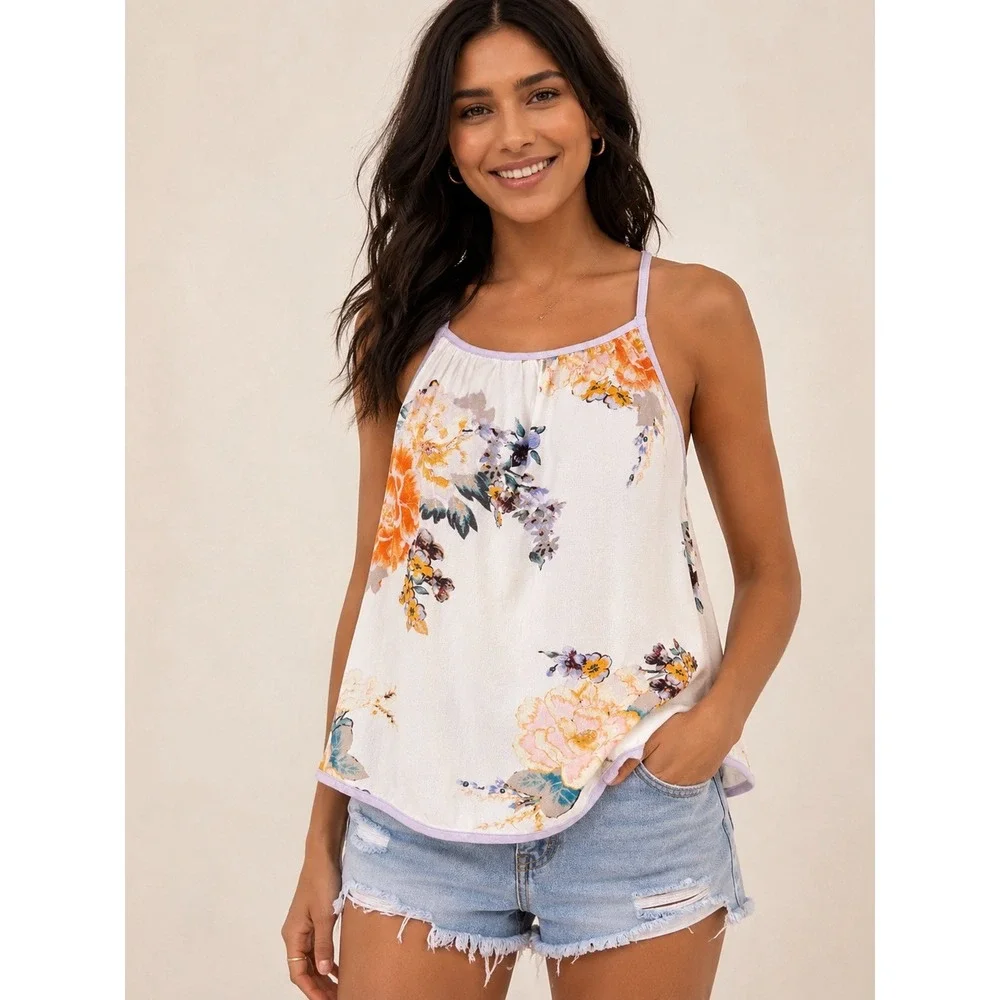 Free People Floral Cami Tank Cream Boho Cottagecore Romantic Size S